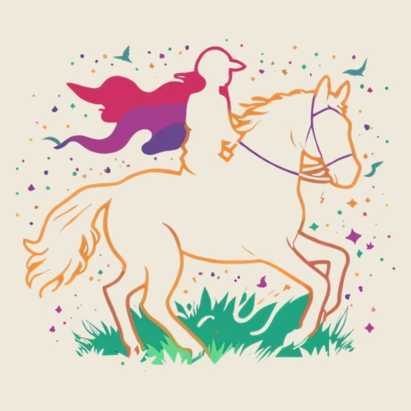 Cavalier de licorne lumineuse sur une prairie colorée