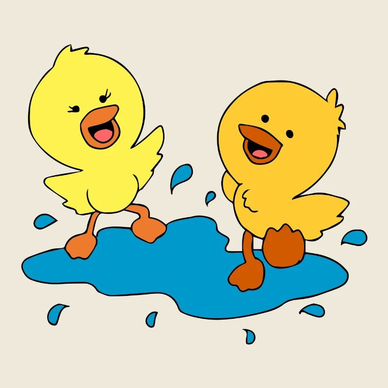 Cute ducklings splashing in a puddle