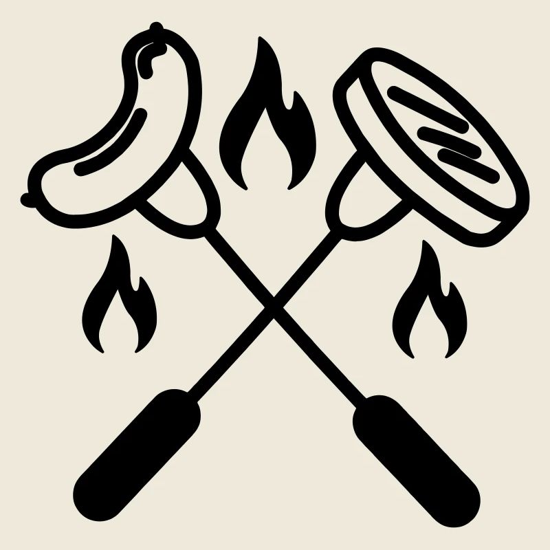 Two crossed forks with sausage and hamburger