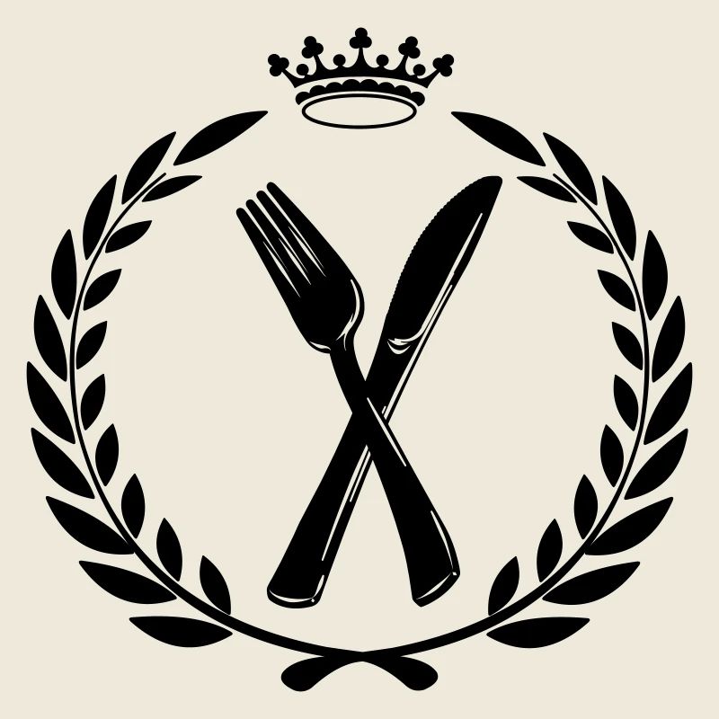 Knife fork and spoon crossed in laurel wreath