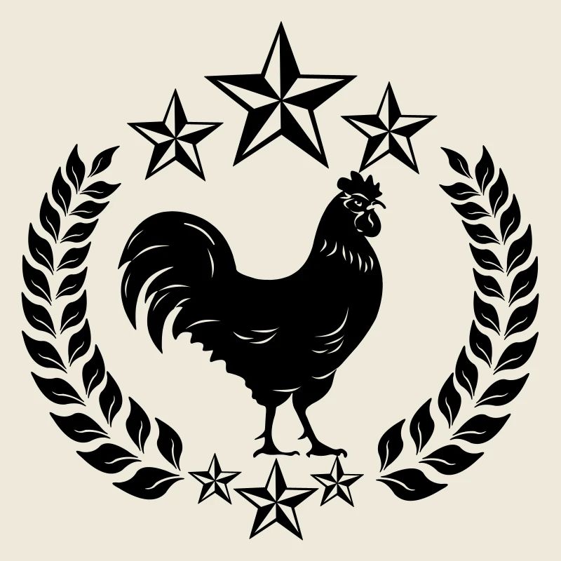 Black rooster stars in laurel wreath