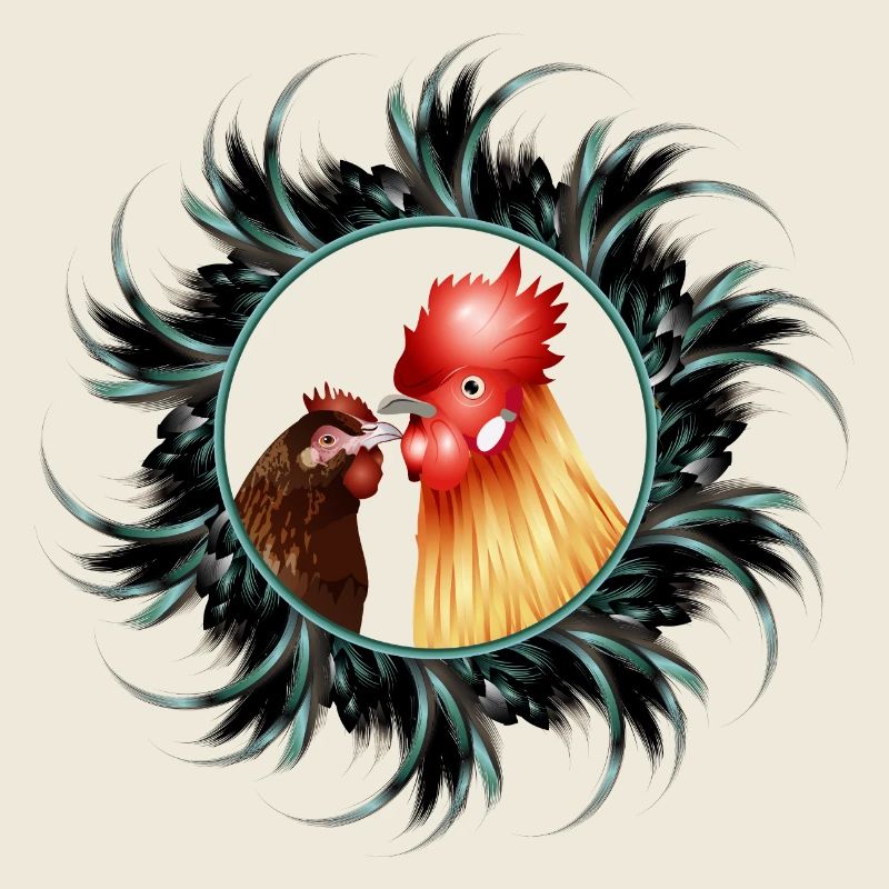 Rooster with hen in feather frame