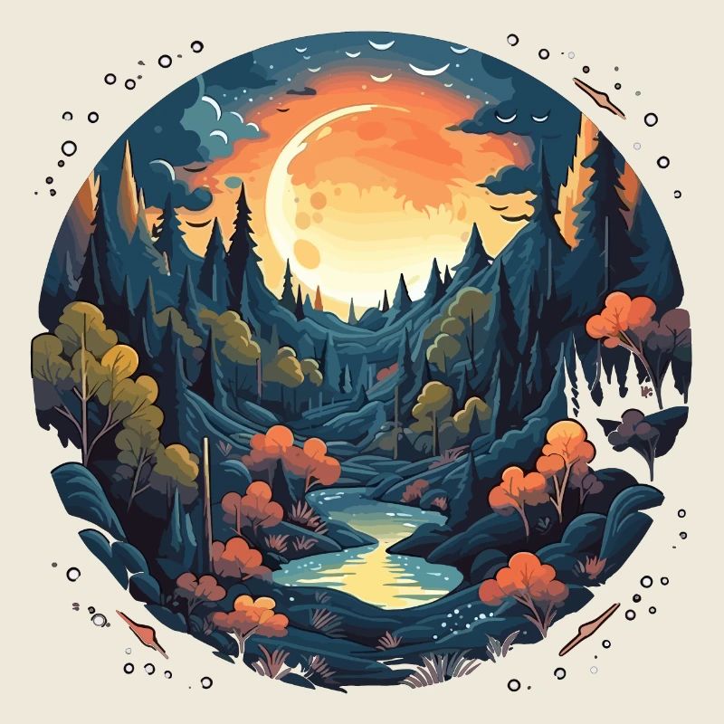 Surreal forest scenery at night