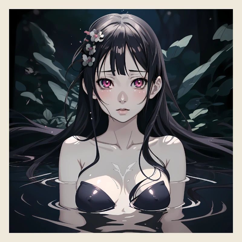 Süßes Anime Mädchen im Wasser mit schwarzem Haar