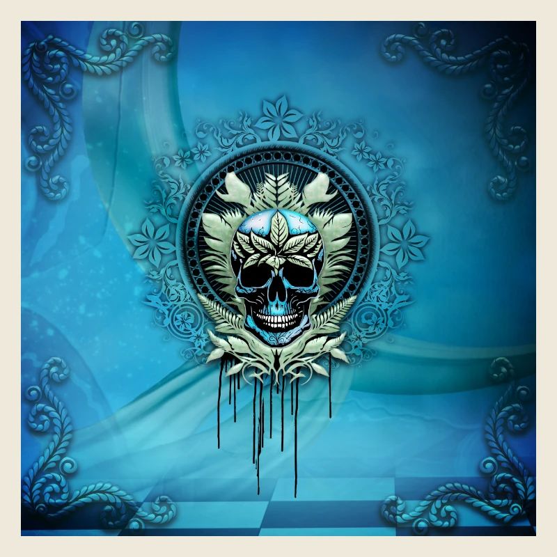 Elegant blue decorative skull with leaves.