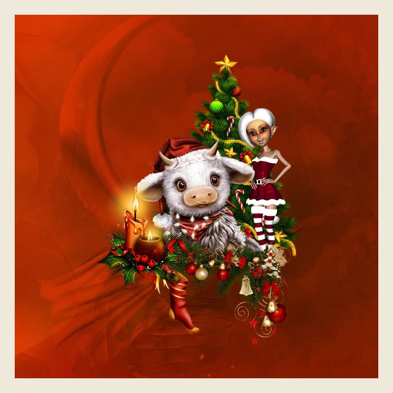 Cute Christmas cow with elf and Christmas tree