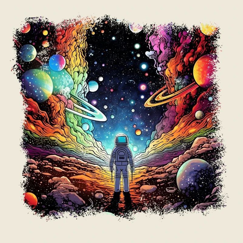 Surrealist space artwork with planets