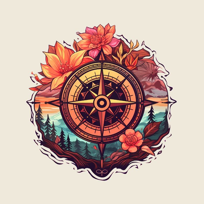 Wunderschöner Boho Kompass mit Blumen und Bäumen