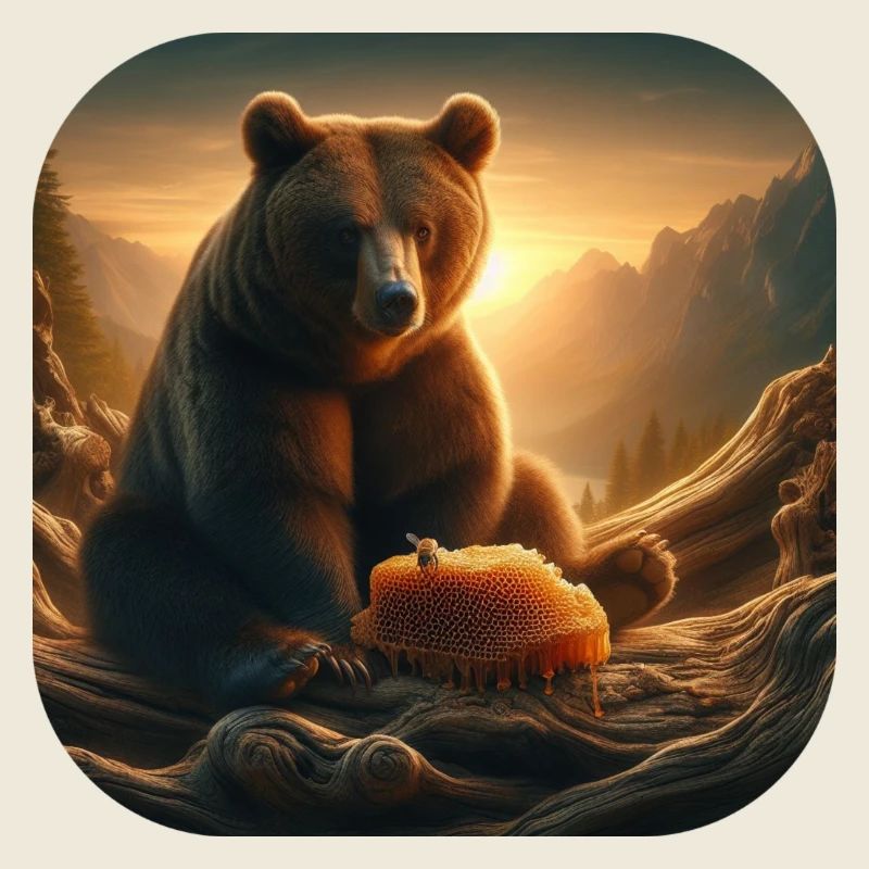 Brown bear sitting with bees honeycomb in nature