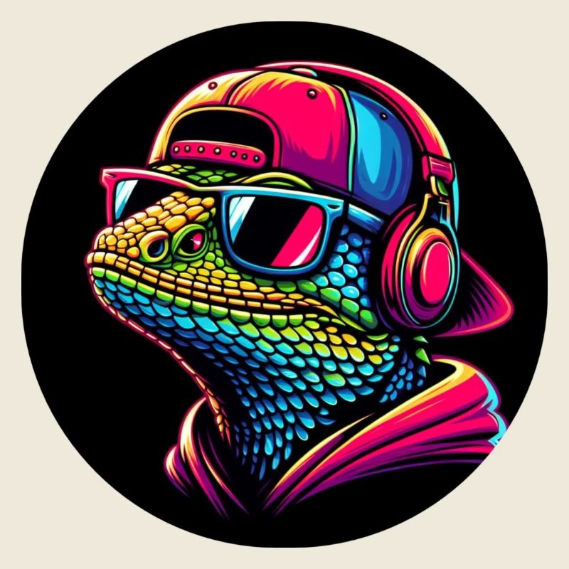 Gecko Salamander as a rapper with cap and headphones