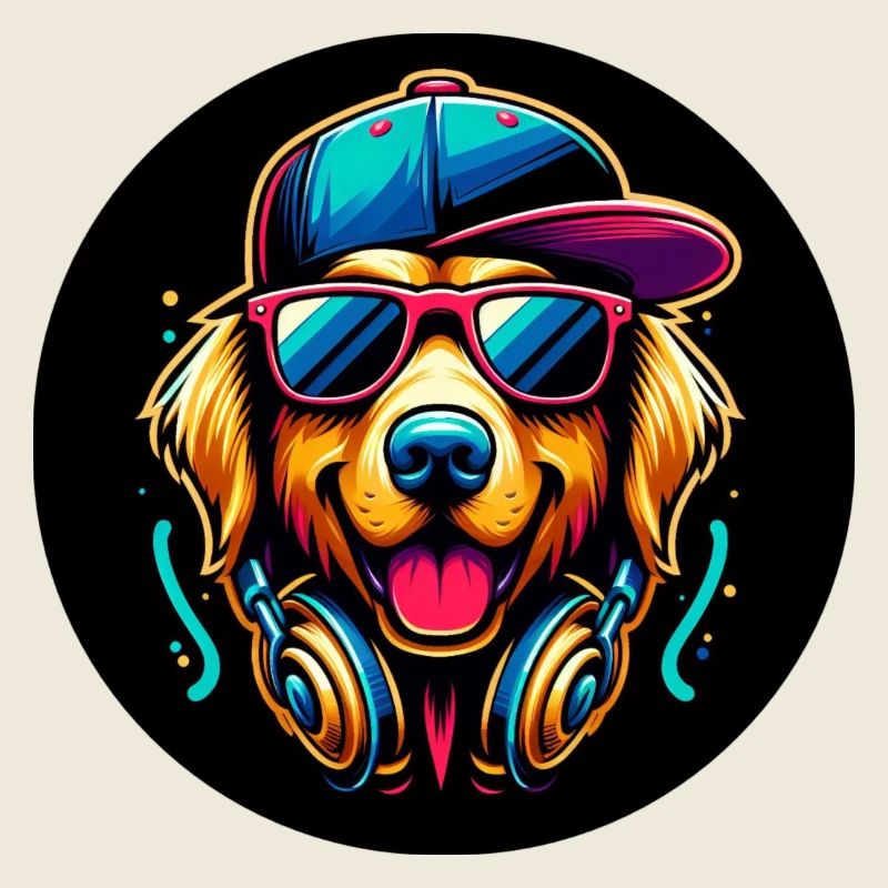 Golden Retriever Hund Rapper mit Cap und Kopfhörer