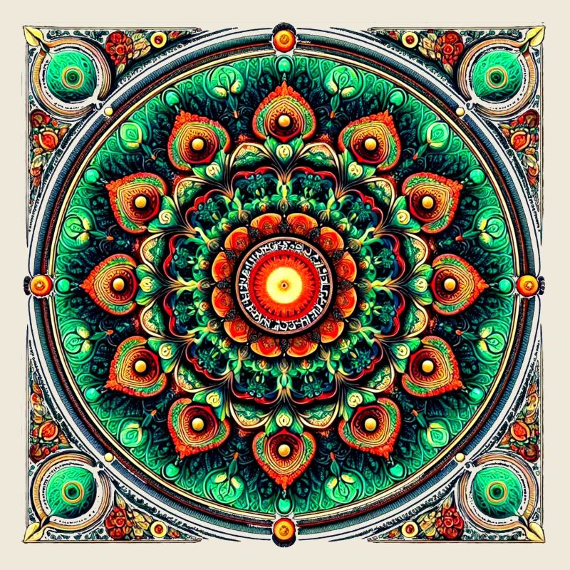 Buntglas-Mandala grün und orange