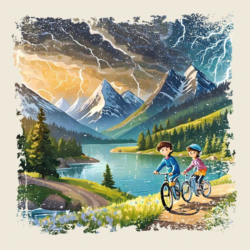 Enfants à vélo dans un paysage de montagne