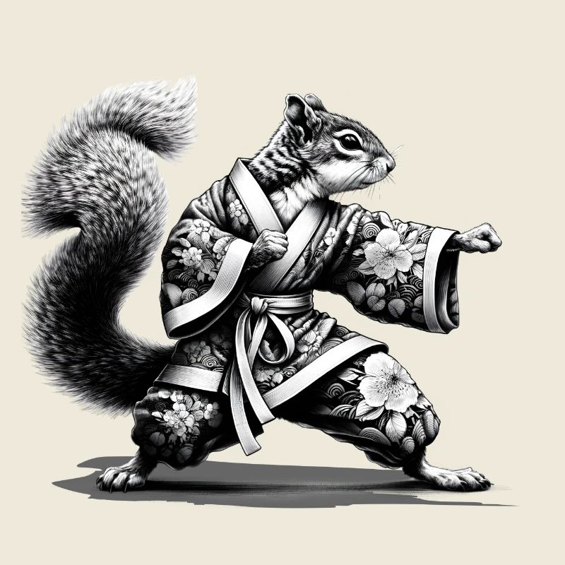 Eichhörnchen mit Kimono in einer Kung Fu Stellung