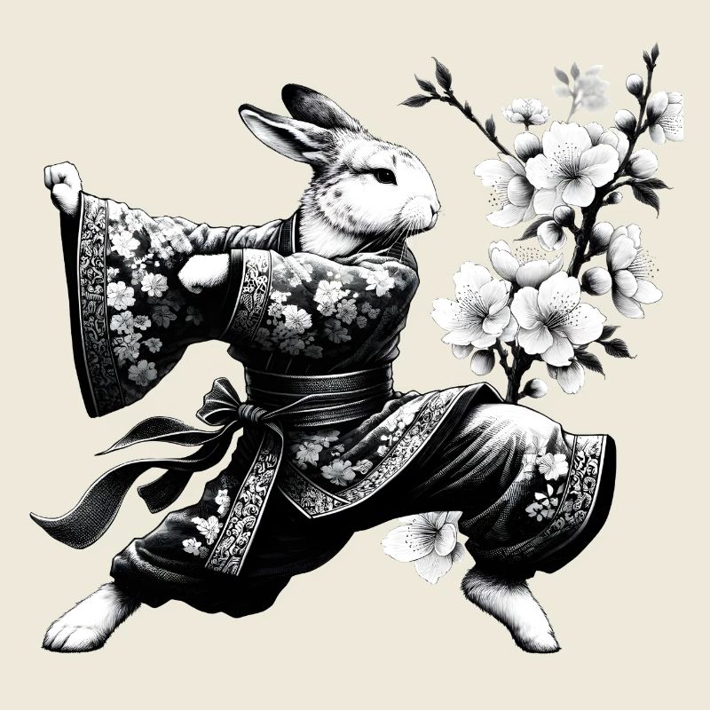 Hase mit Kimono in einer Kung Fu Kampfstellung