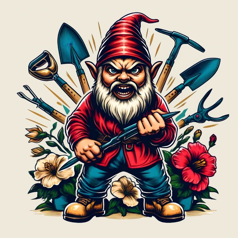 Bunter,grimmiger Gartenzwerg mit Blumen & Werkzeug