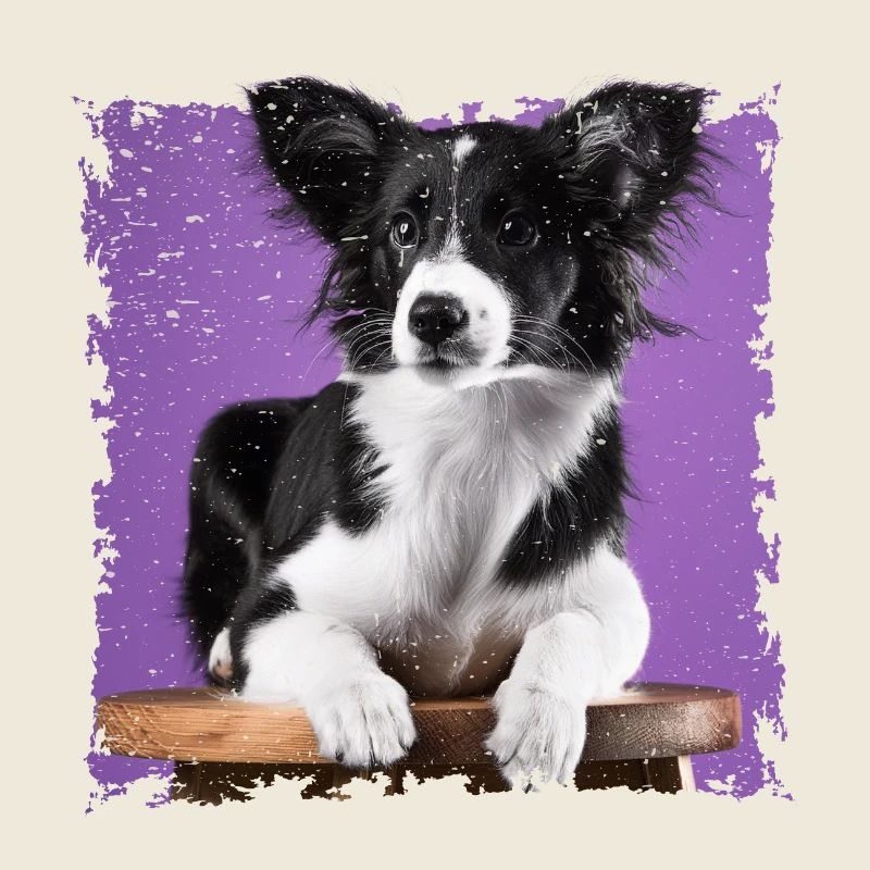 Hund sitzt auf Hocker