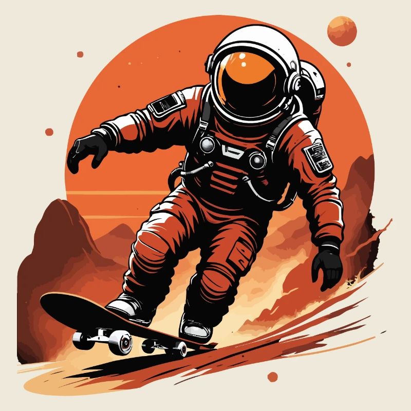 Astronaute faisant la course sur une planche à roulettes sur Mars