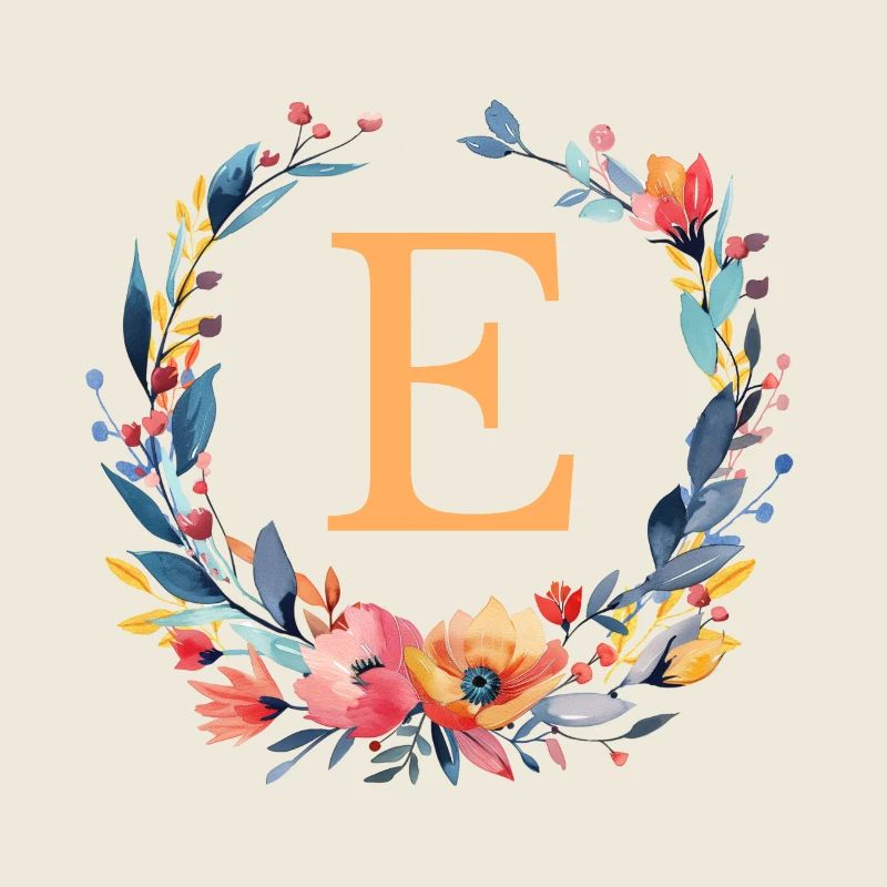 E Monogram, Flower Wreath, Personalizable