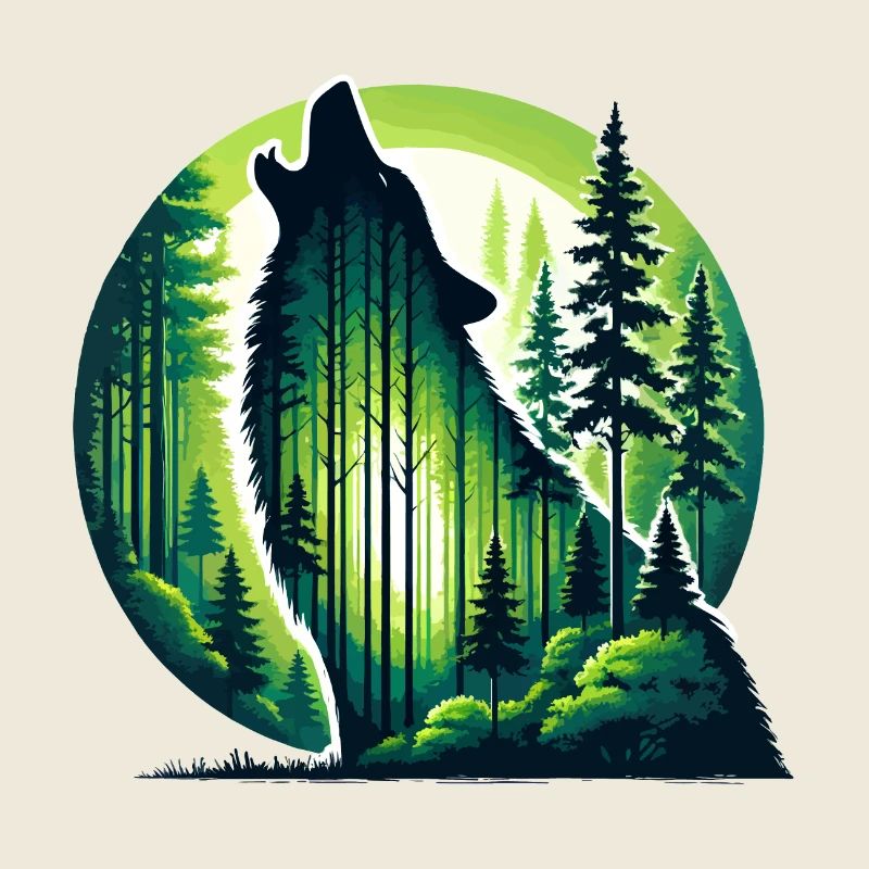 Silhouette de loup hurlant avec forêt verte