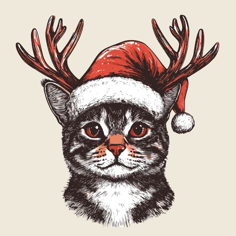 Chat avec chapeau de Noël et bois Noël
