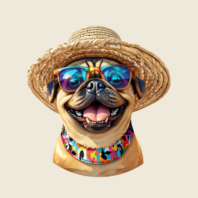 Cheerful Pug with Sunglasses & Straw Hat