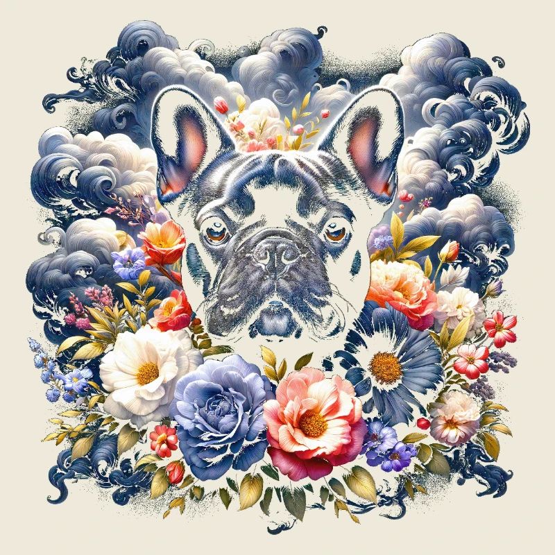 Mignon bouledogue français aux fleurs colorées