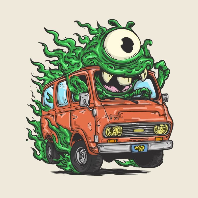Grüner Monster im Retro Van