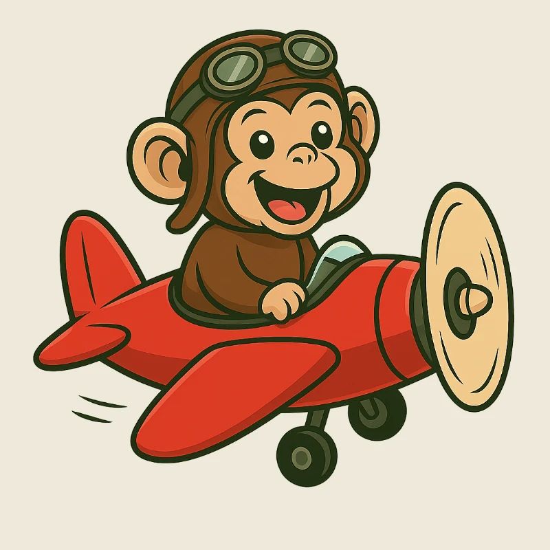 Lachender Affe im Flugzeug mit Pilotbrille