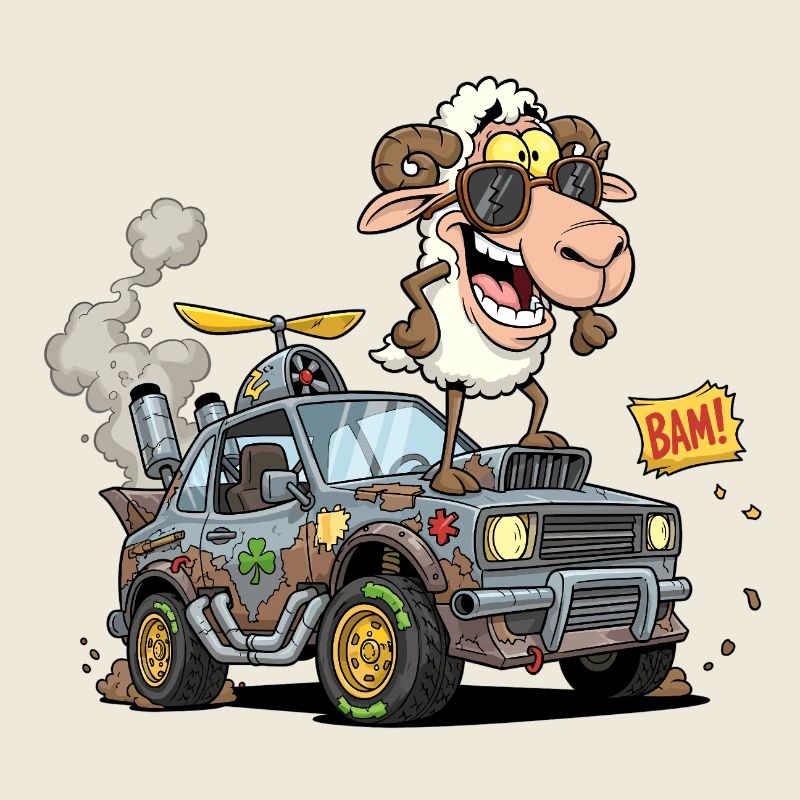 Conducteur de mouton de dessin animé dans un véhicule tout-terrain