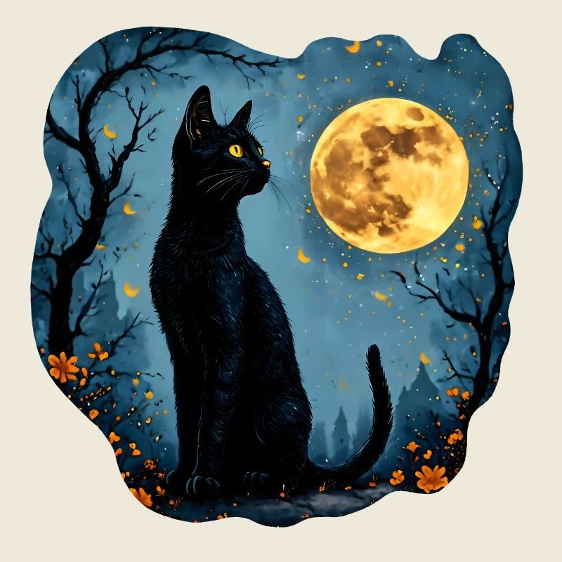 Mystische schwarze Katze unter Vollmond
