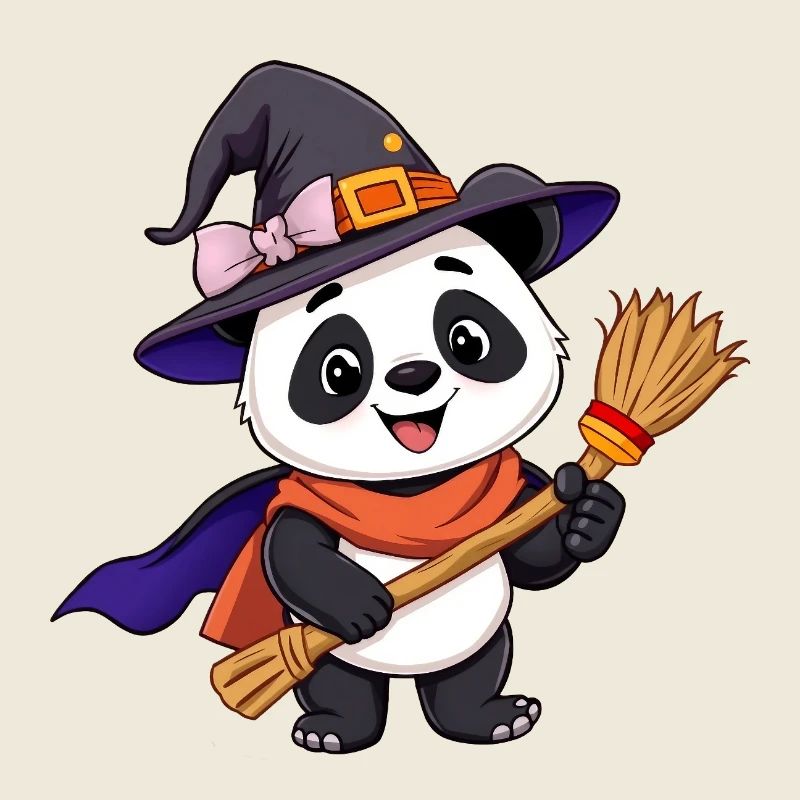 Niedlicher hexenhafter Halloween Panda mit Besen