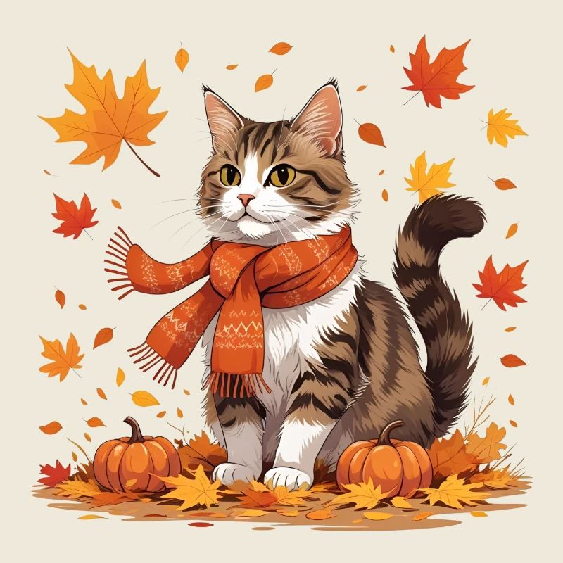 Herbstliche Katze mit Kürbissen