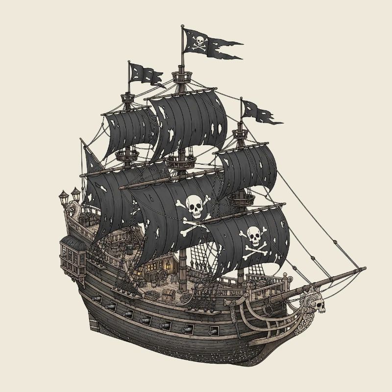 Verlassenes Piratenschiff mit Totenkopf-Logo