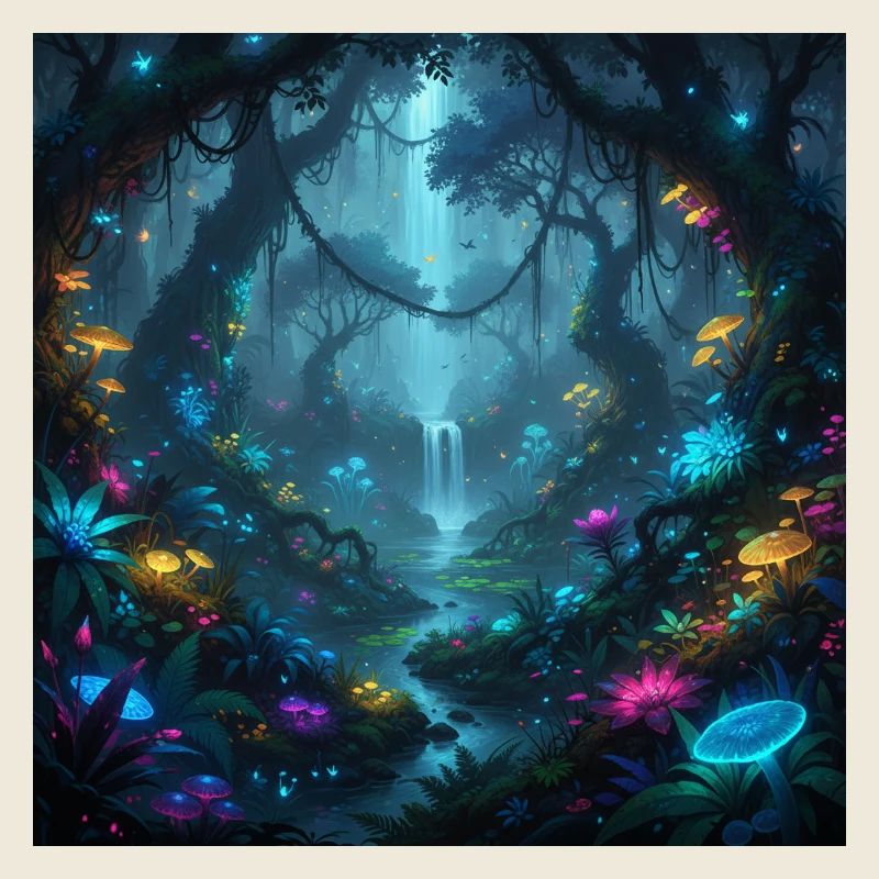 Forêt enchantée lumineuse dans l’obscurité