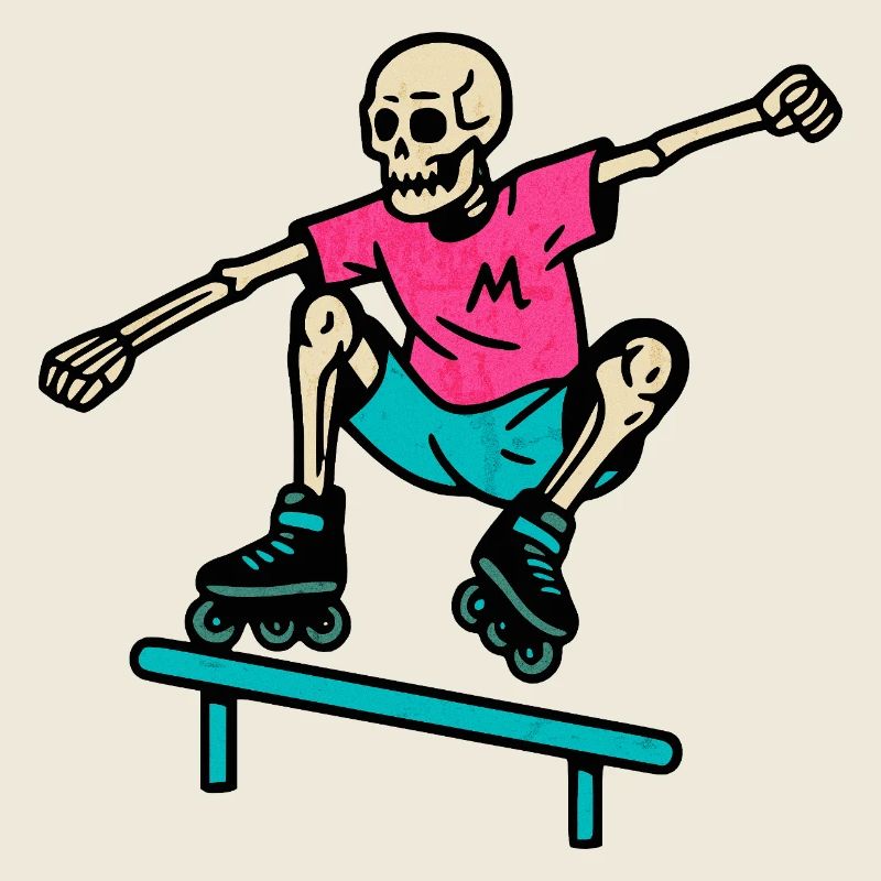 Le squelette néon grince sur les patins à roues alignées