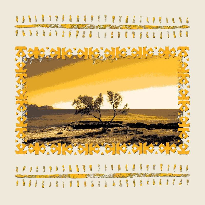 Sonnenuntergang am Fluss mit Ornamentrahmen