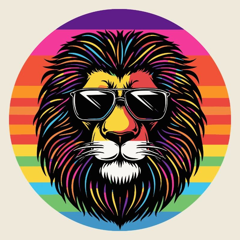 Portrait de lion avec des lunettes de soleil arc-en-ciel