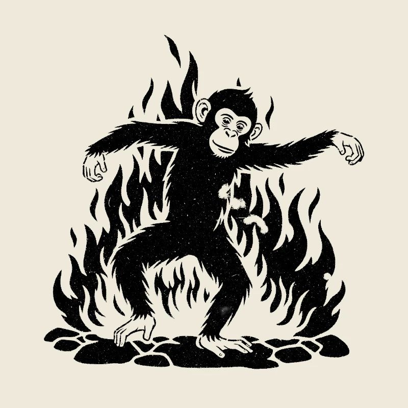 Affe tanzt um das Feuer