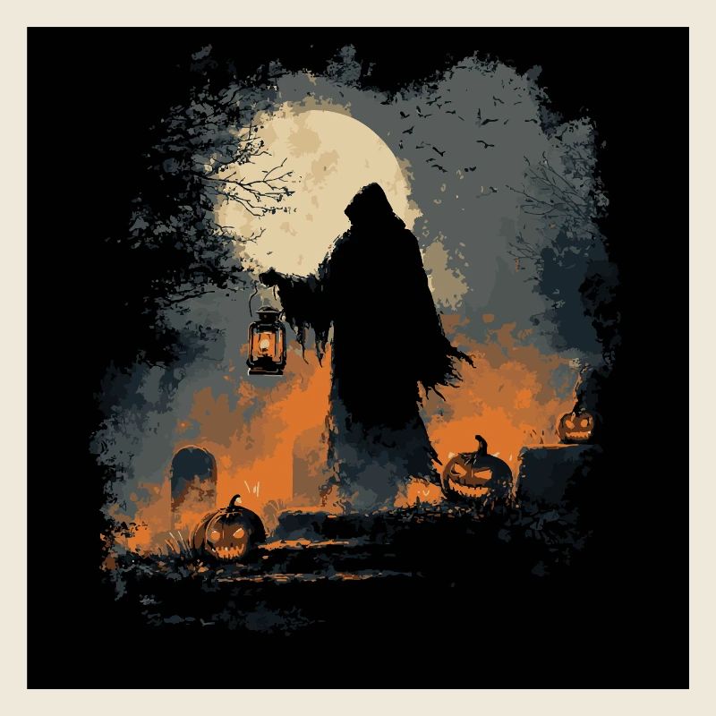 Sensenmann Silhouette mit Kürbissen und Vollmond