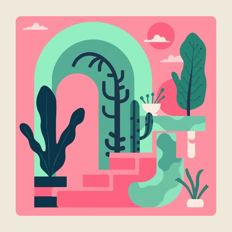 Abstract garden landscape in pink retro style