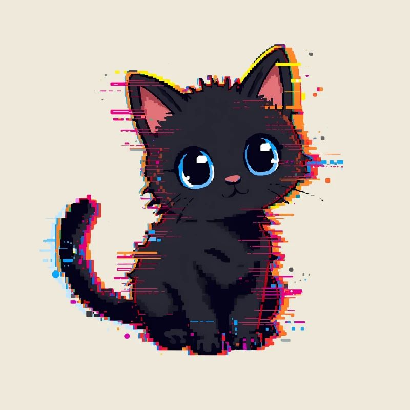 Neon Glitch Schwarze Katze Niedlich