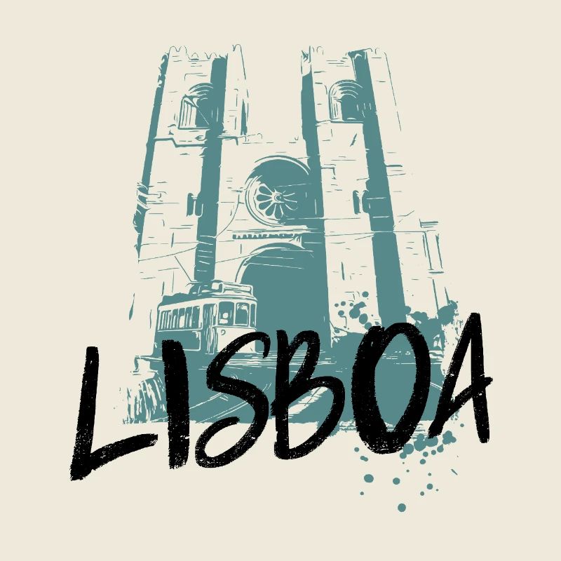 Tram and Cathedral, Lisbon blue illustration