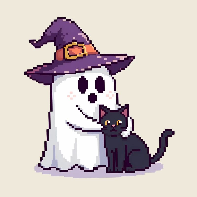 Pixel Geist mit Hexenhut & Katze – Halloween