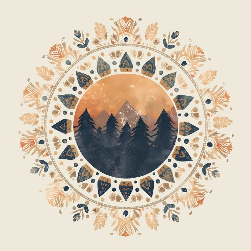 Boho Mandala mit Wald & Bergen im Sonnenlicht