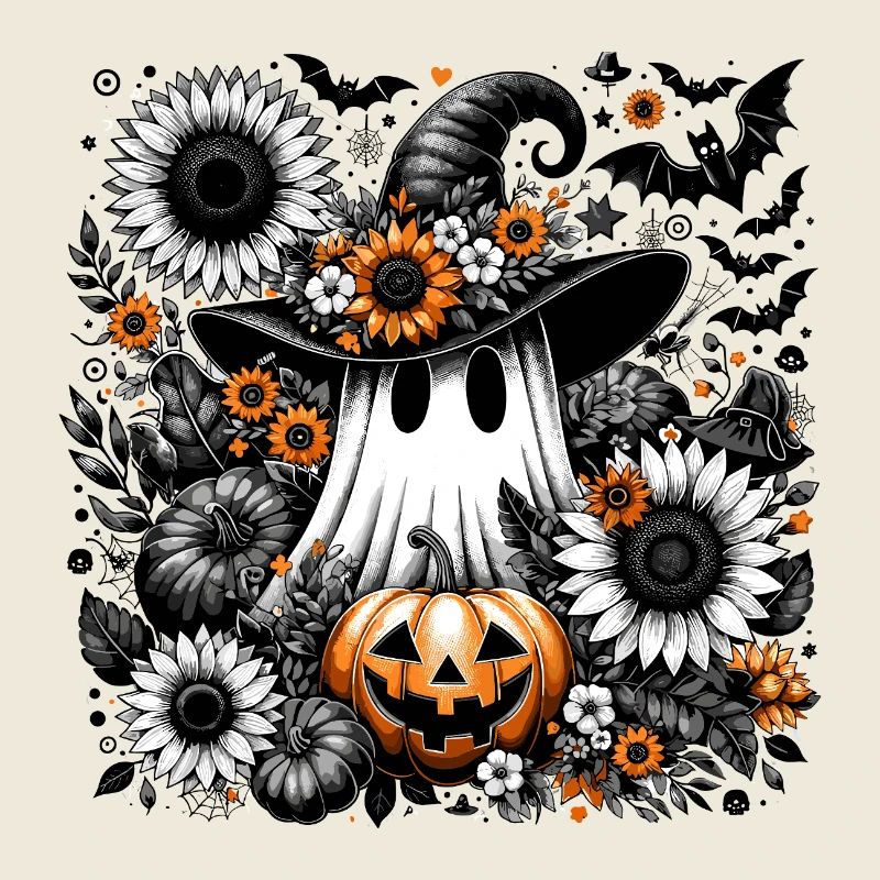 Mignon Floral Ghost Witch avec Citrouille