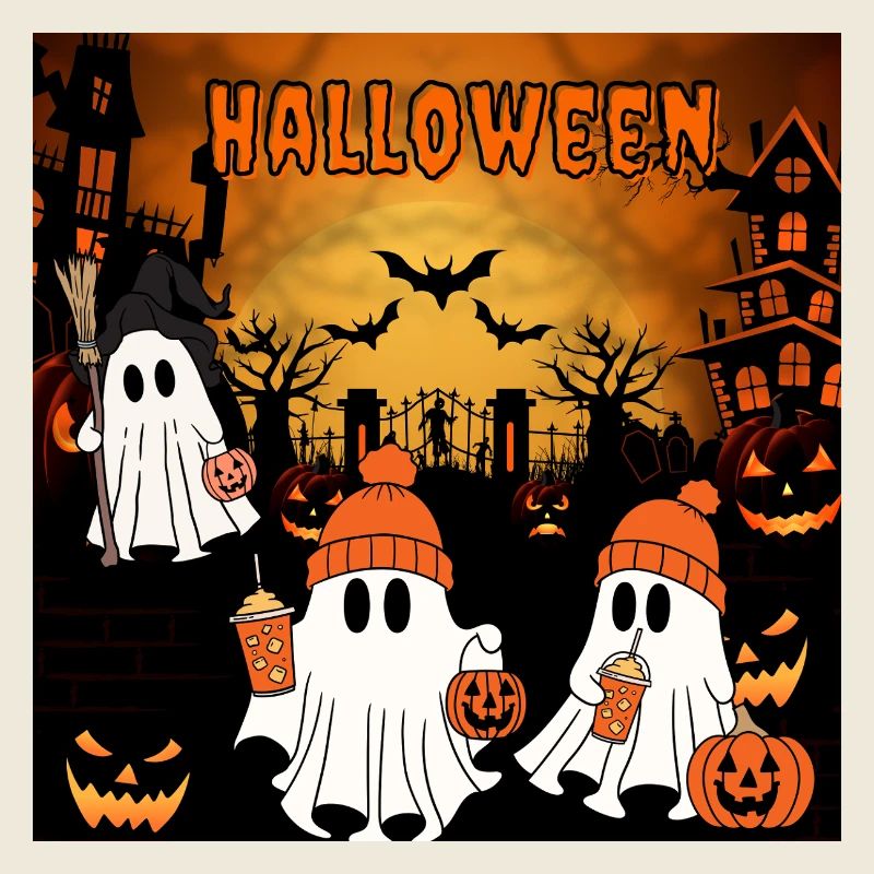 Mignons amis fantômes d’Halloween avec citrouille et coffe