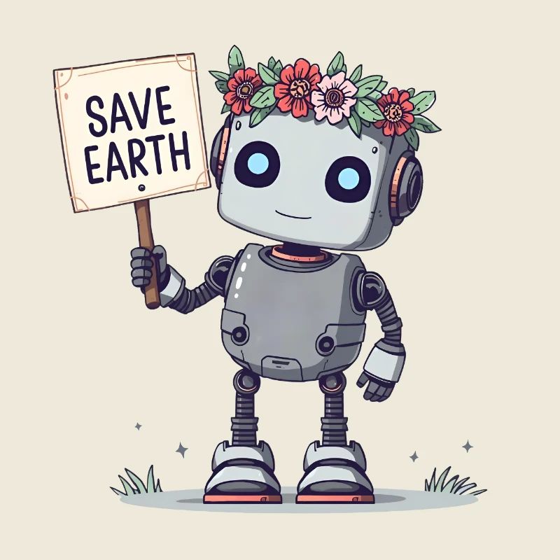 Niedlicher Roboter mit Blumenkrone – Rette die Erde
