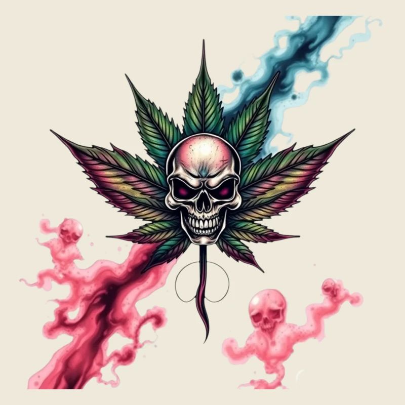 Crâne avec feuille de cannabis colorée