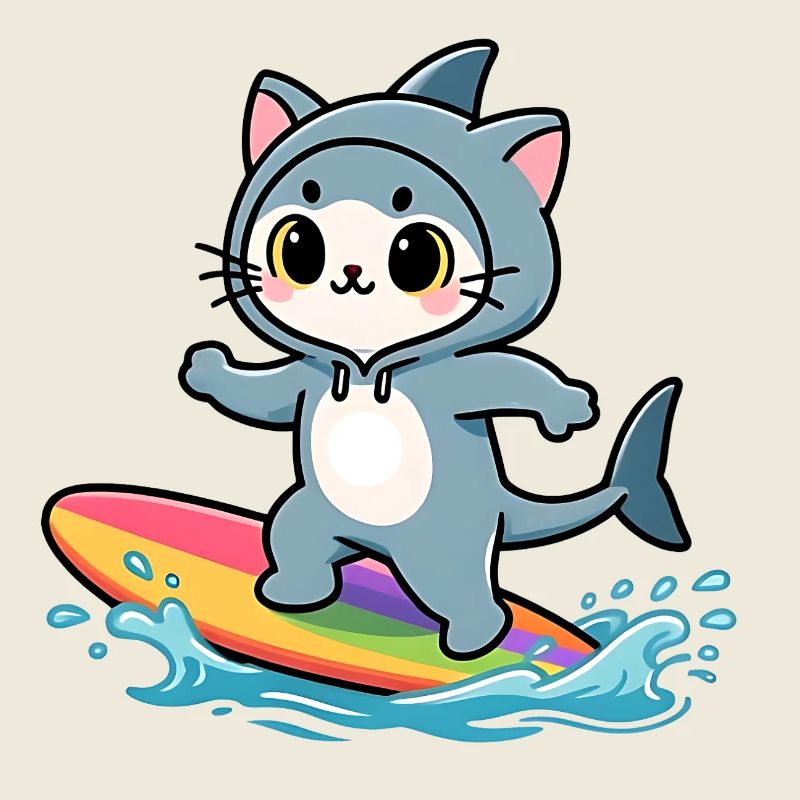 Chat requin sur planche de surf arc-en-ciel